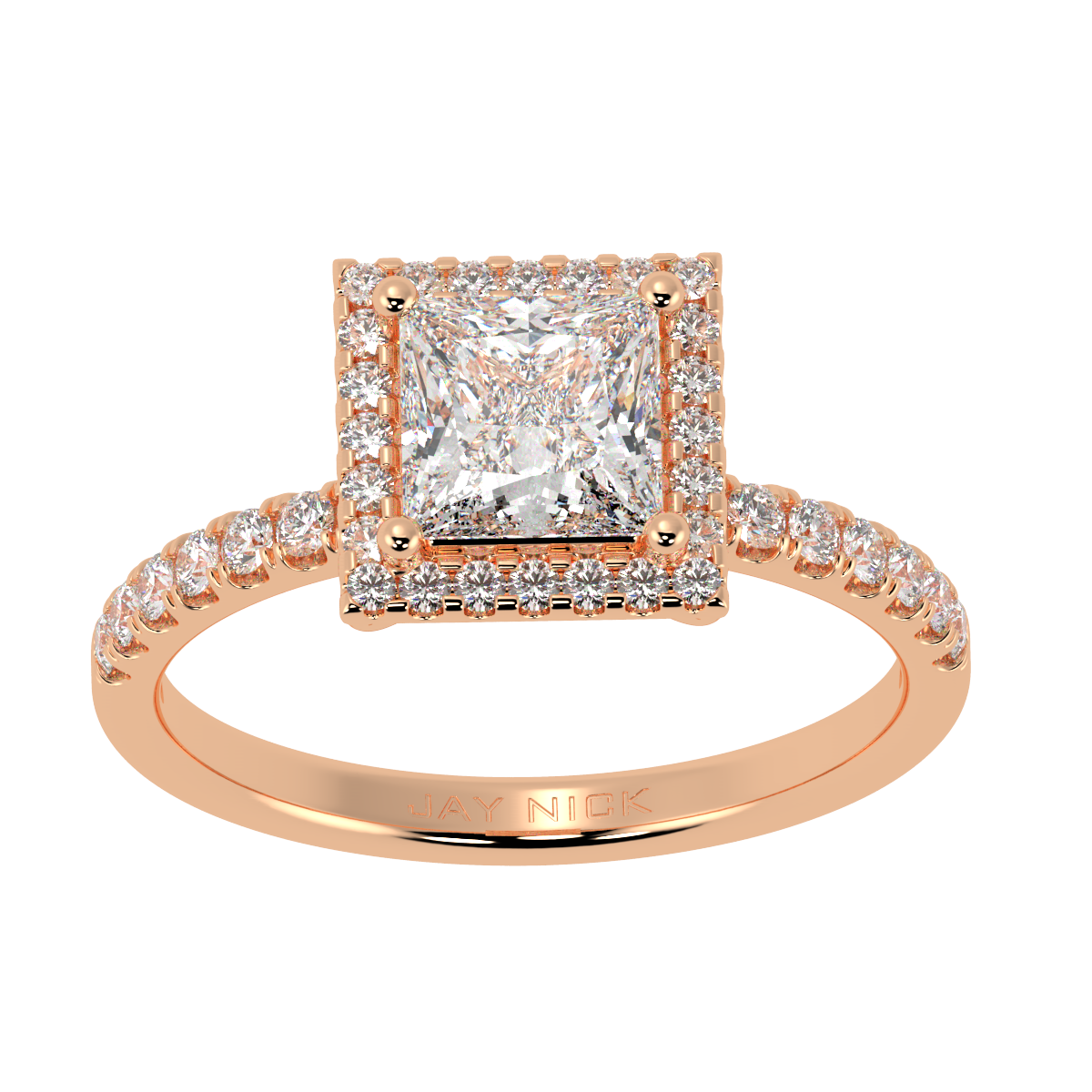 Modern Princess Cut Halo Ring in rose gold, top view