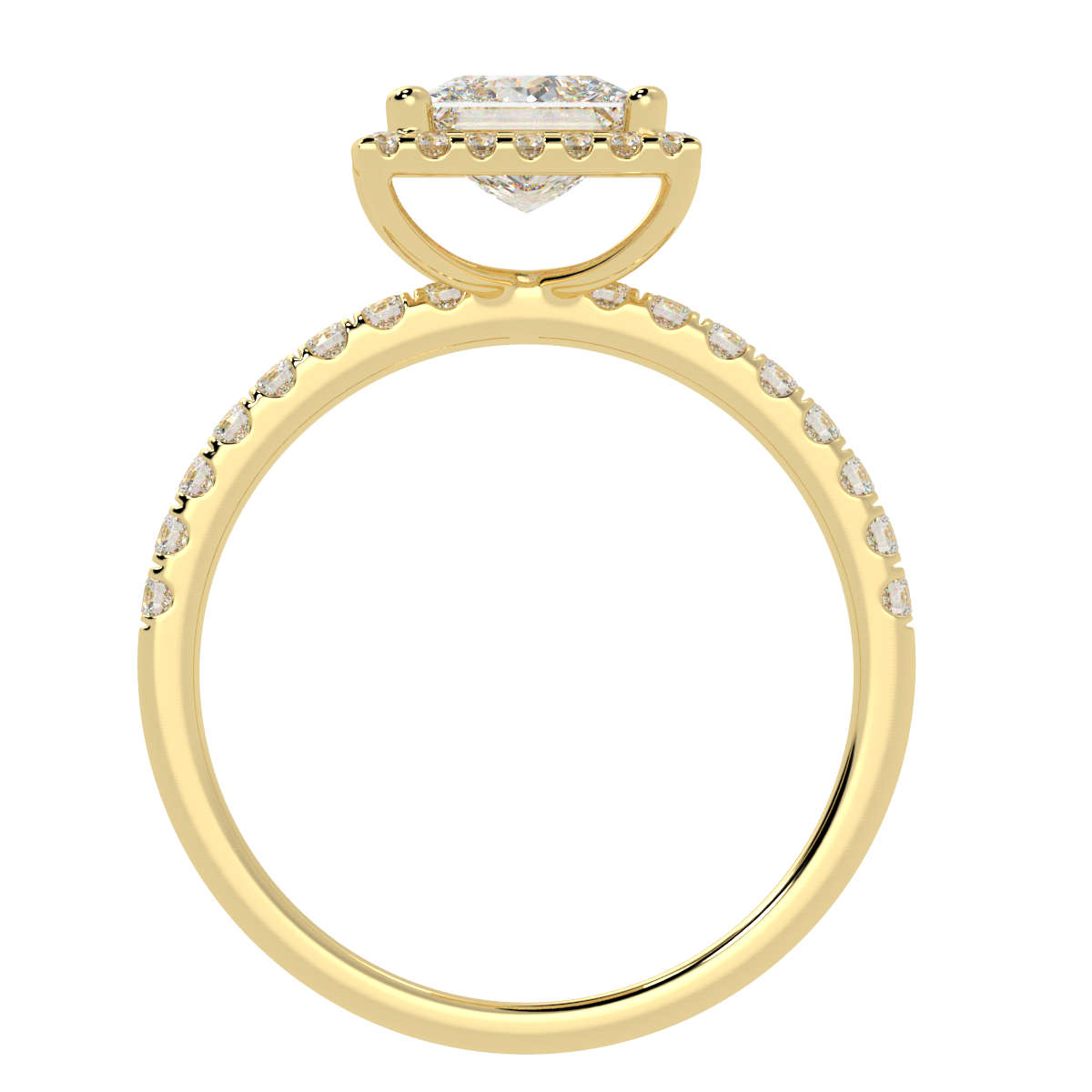 Modern Princess Cut Halo Ring in yellow gold, flat view