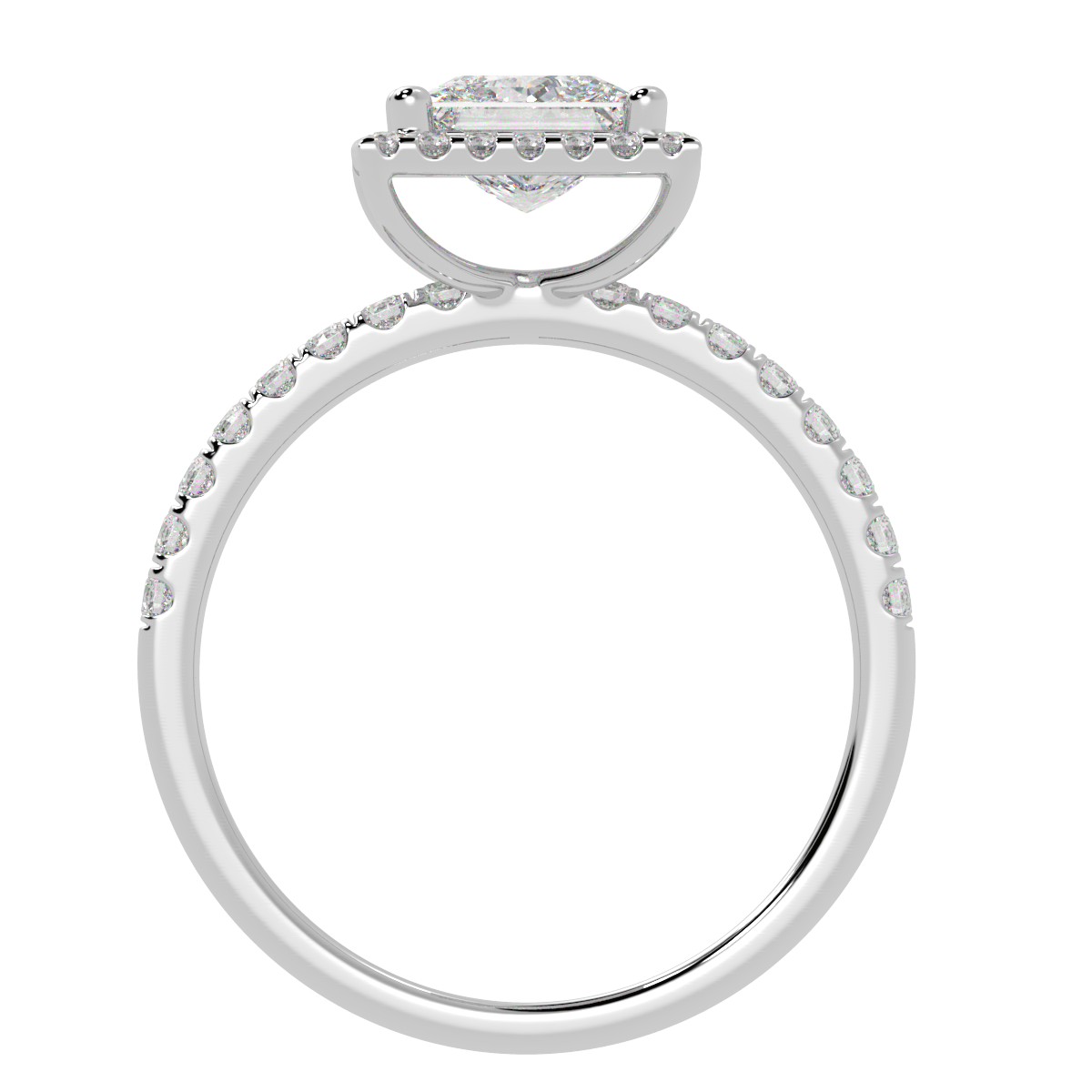 Modern Princess Cut Halo Ring in white gold or platinum, flat view