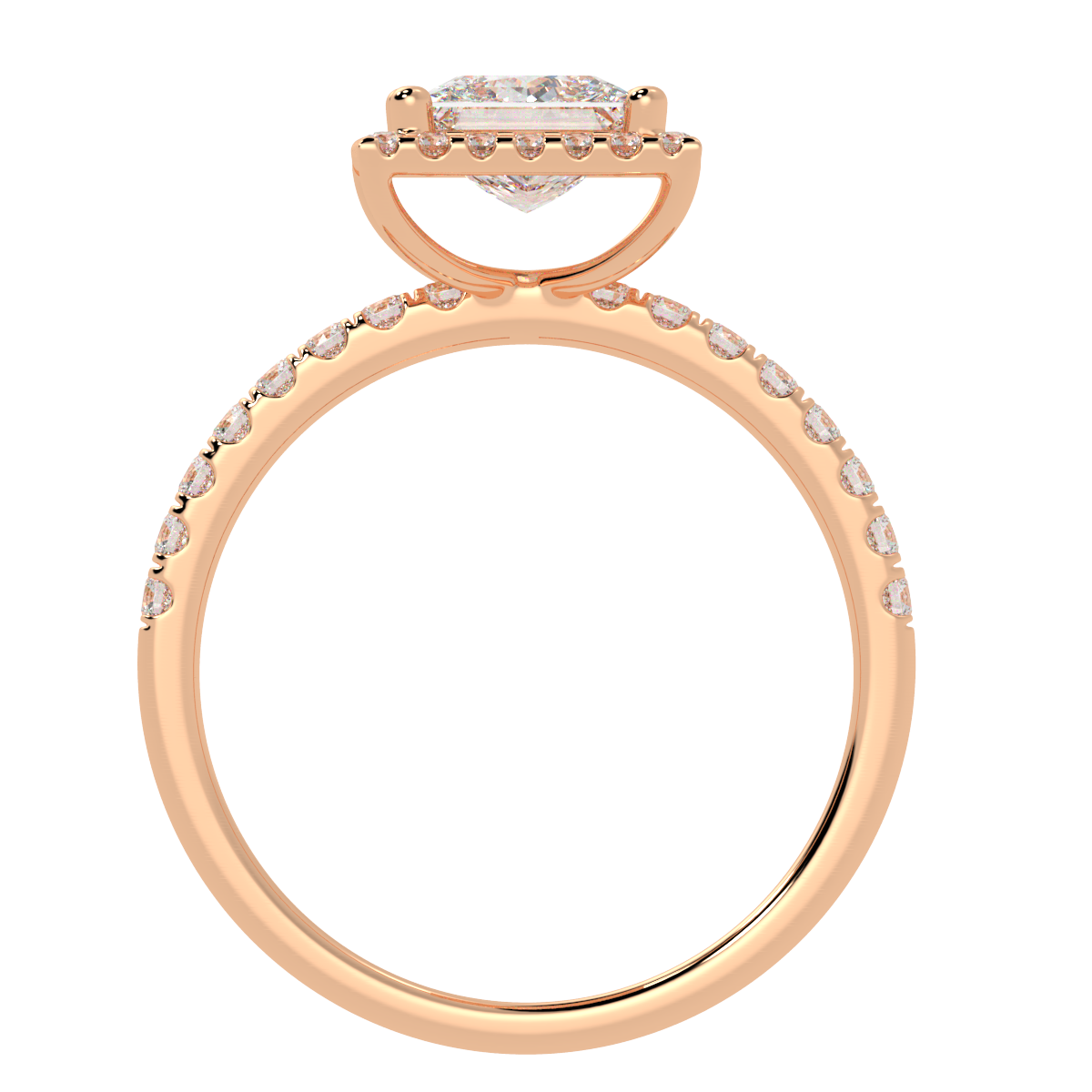 Modern Princess Cut Halo Ring in rose gold, flat view