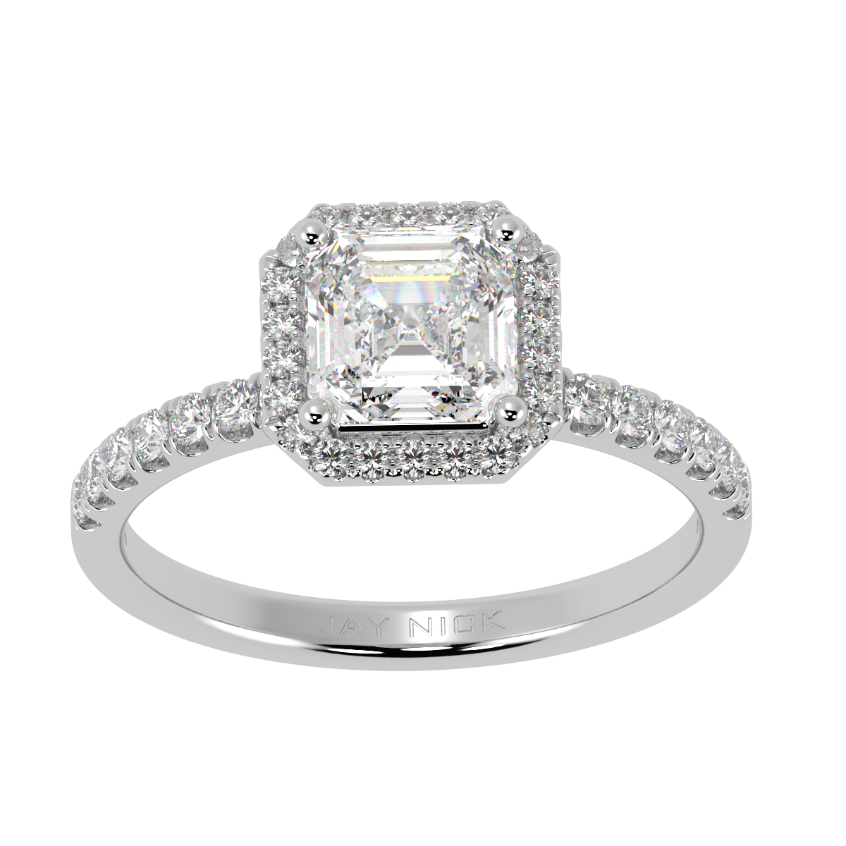 Modern Asscher Cut Halo Ring in white gold or platinum, top view