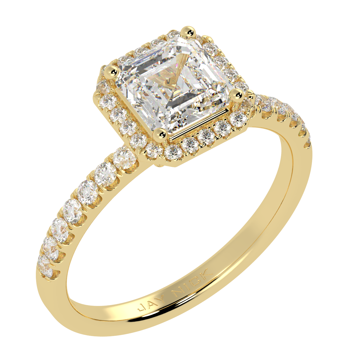 Modern Asscher Cut Halo Ring in yellow gold, perspective view