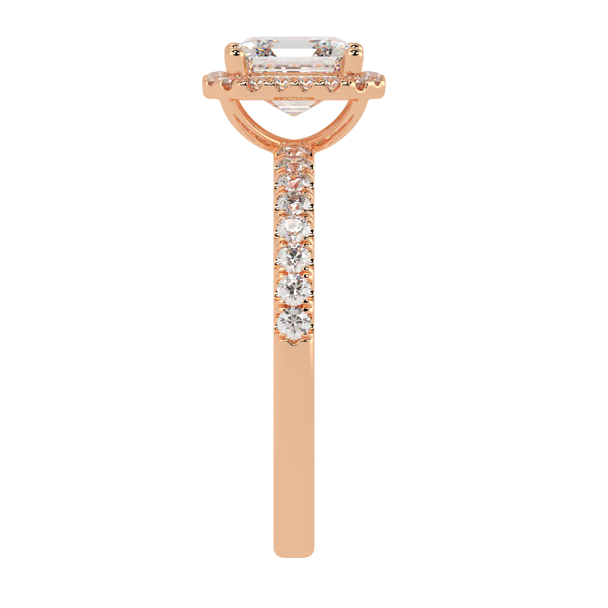 Modern Asscher Cut Halo Ring in rose gold, side view