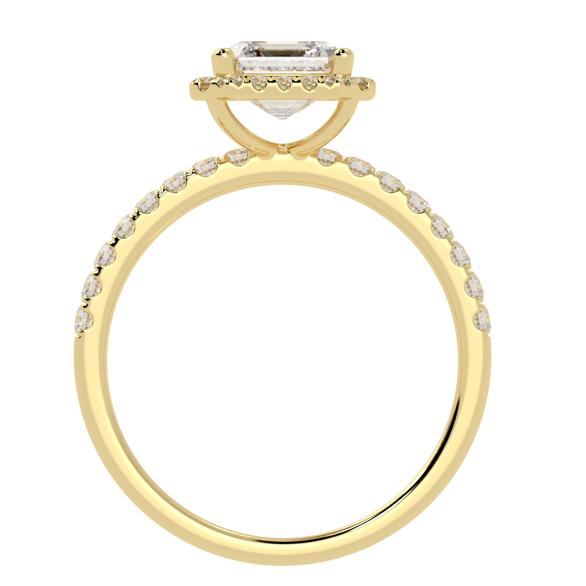 Modern Asscher Cut Halo Ring in yellow gold, flat view