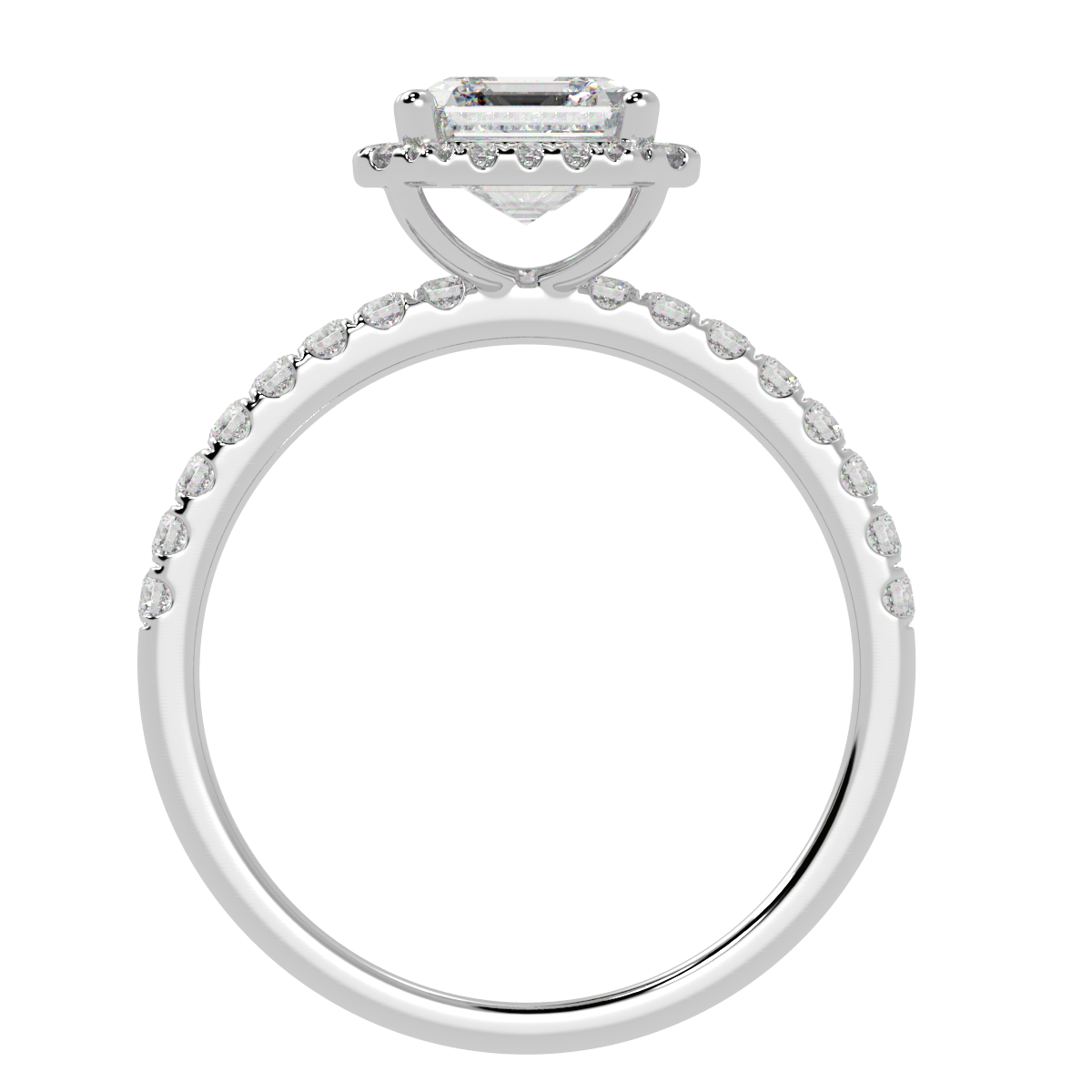 Modern Asscher Cut Halo Ring in white gold or platinum, flat view