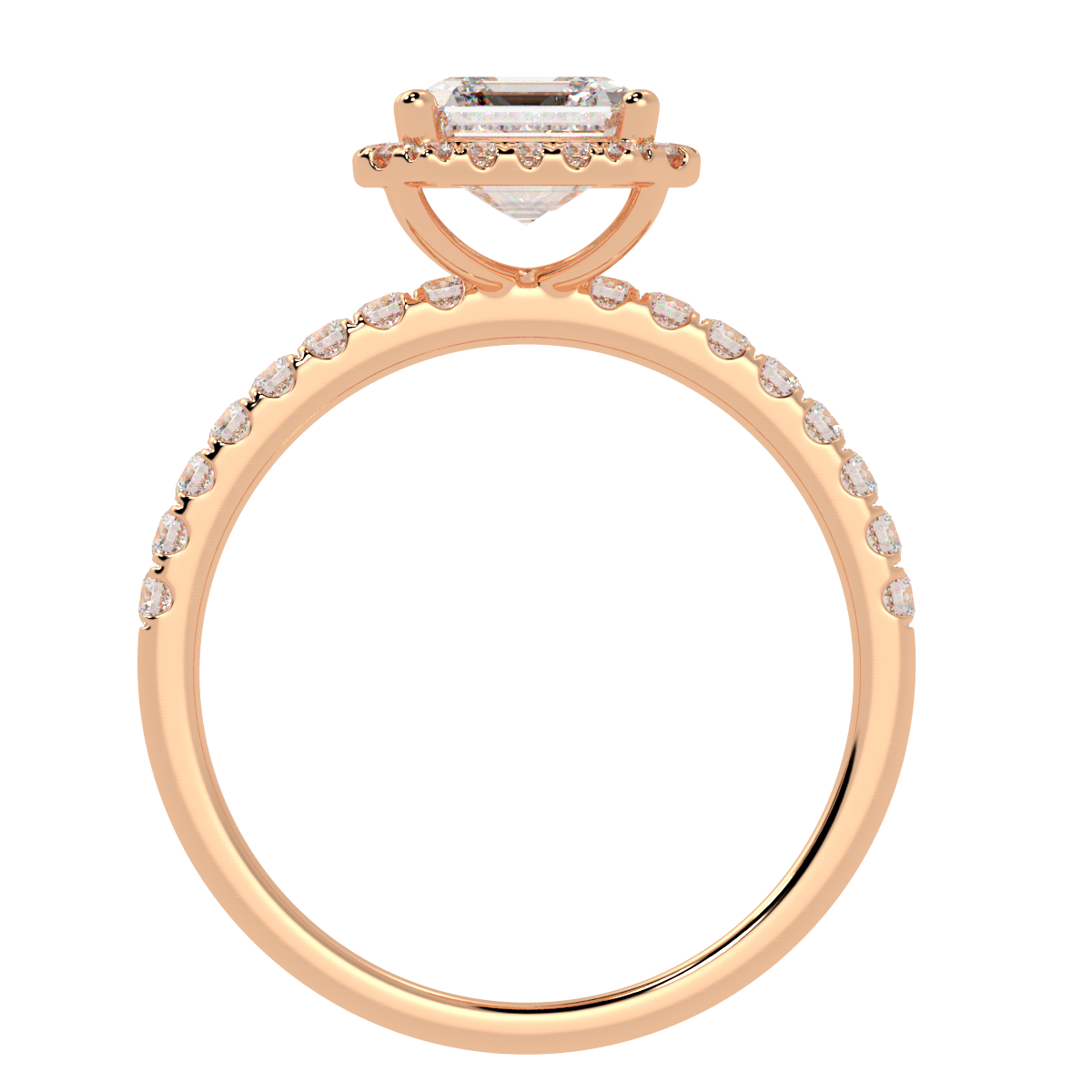 Modern Asscher Cut Halo Ring in rose gold, flat view