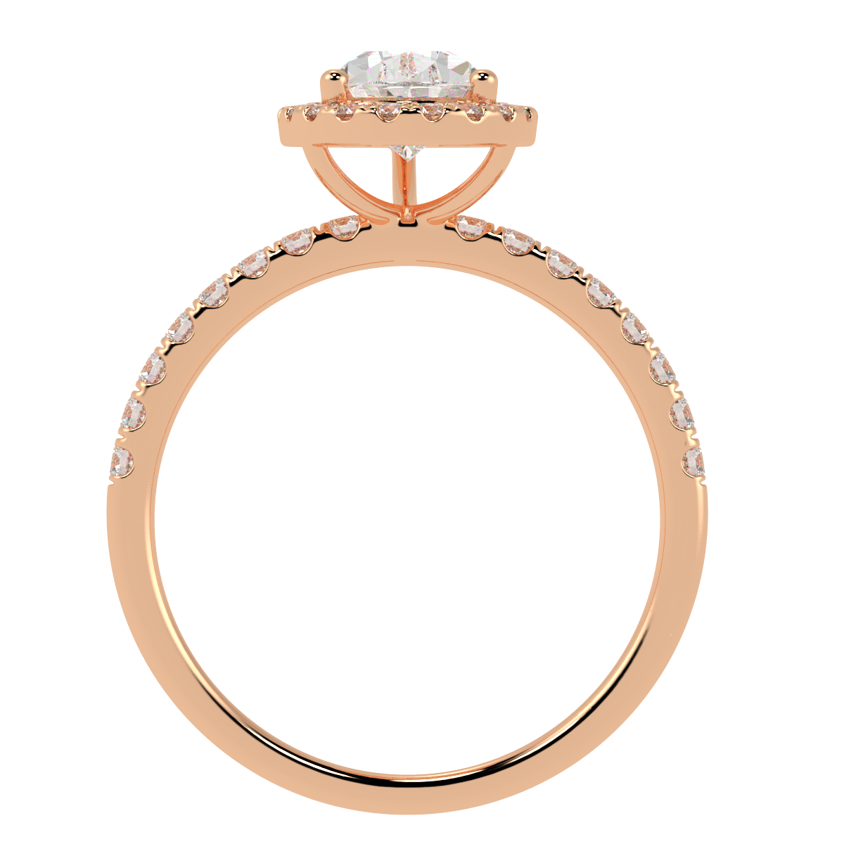 Modern Pear Cut Halo Ring in rose gold, flat view