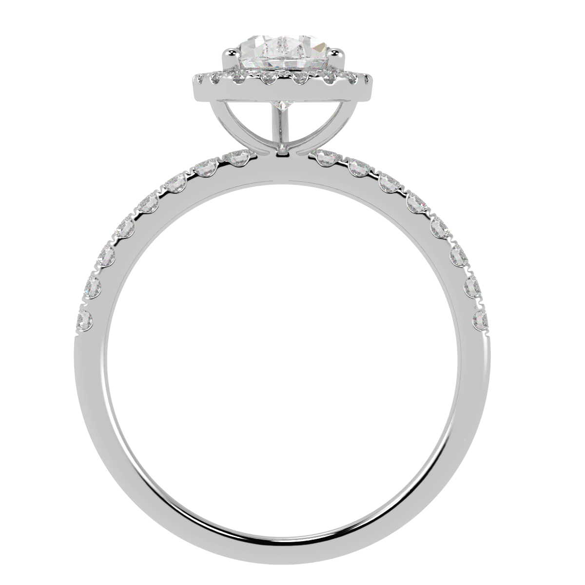 Modern Pear Cut Halo Ring in white gold or platinum, flat view