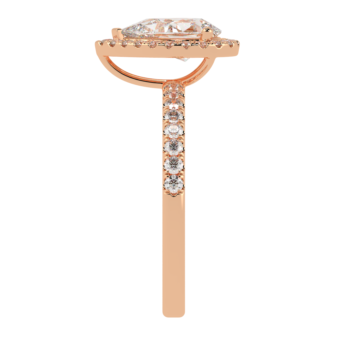 Modern Pear Cut Halo Ring in rose gold, side view