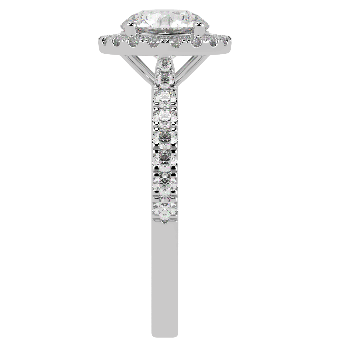 Classic Round Cut Halo Ring in white gold or platinum, side view