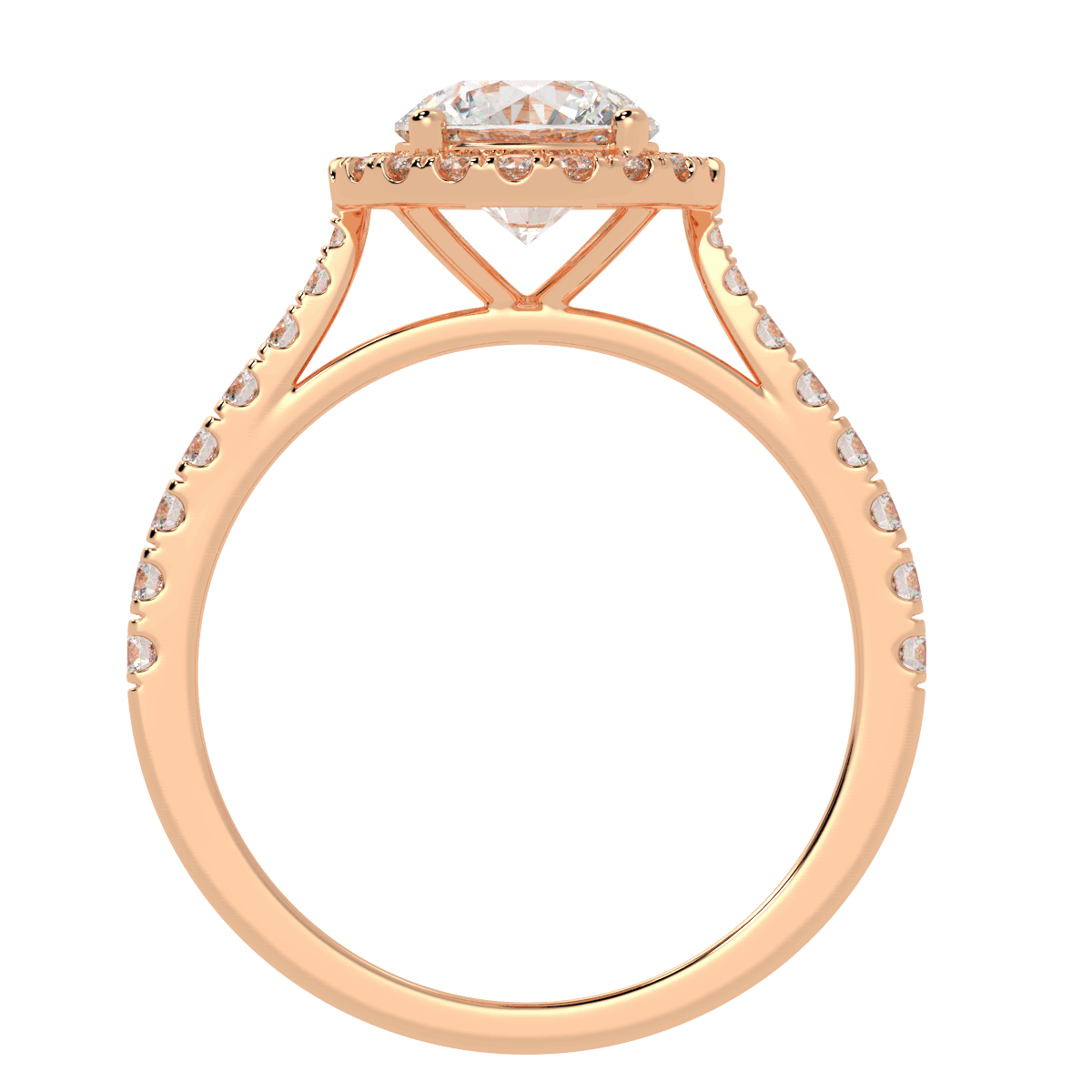 Classic Round Cut Halo Ring in rose gold, flat view