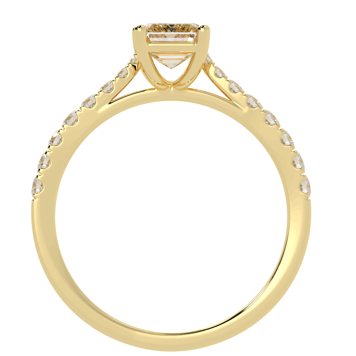Classic Emerald Cut Diamond Shoulder Ring in yellow gold, flat view