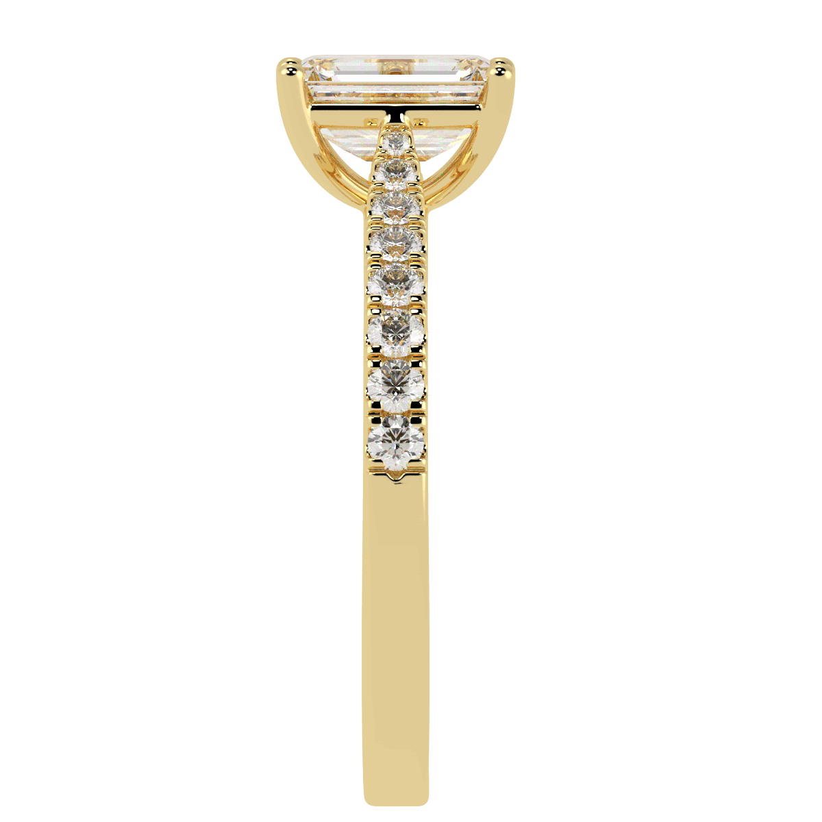 Classic Emerald Cut Diamond Shoulder Ring in yellow gold, side view