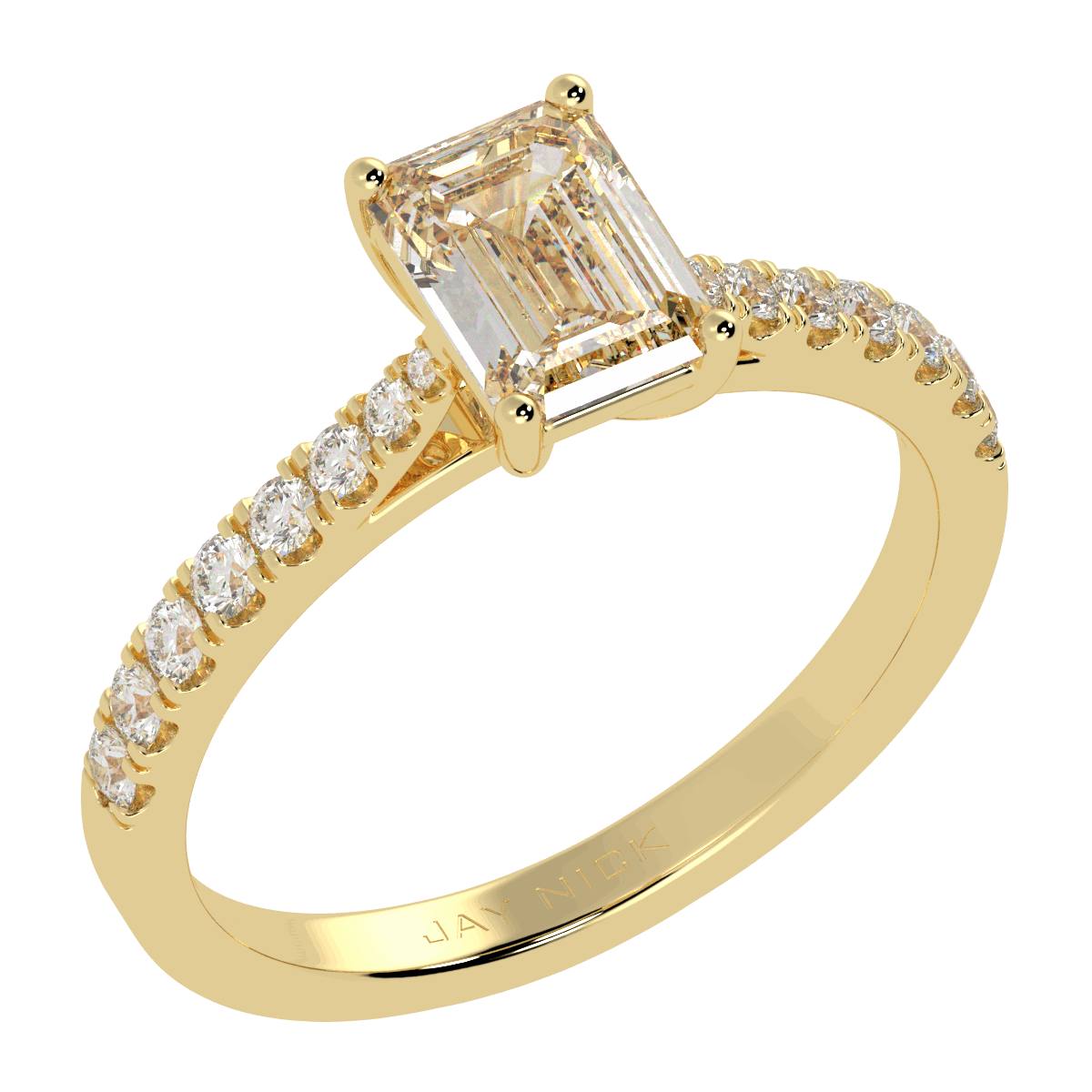 Classic Emerald Cut Diamond Shoulder Ring in yellow gold, perspective view