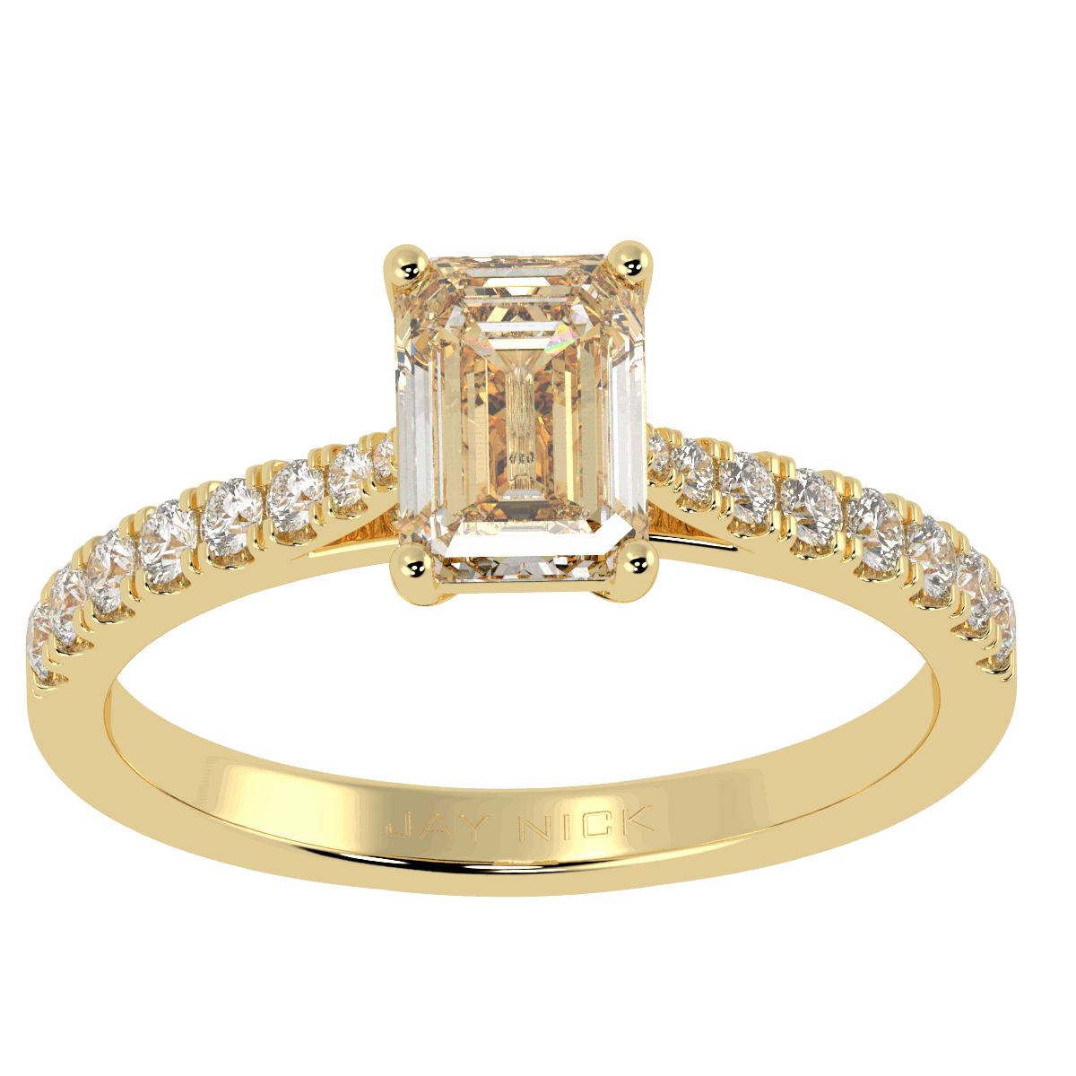 Classic Emerald Cut Diamond Shoulder Ring in yellow gold, top view