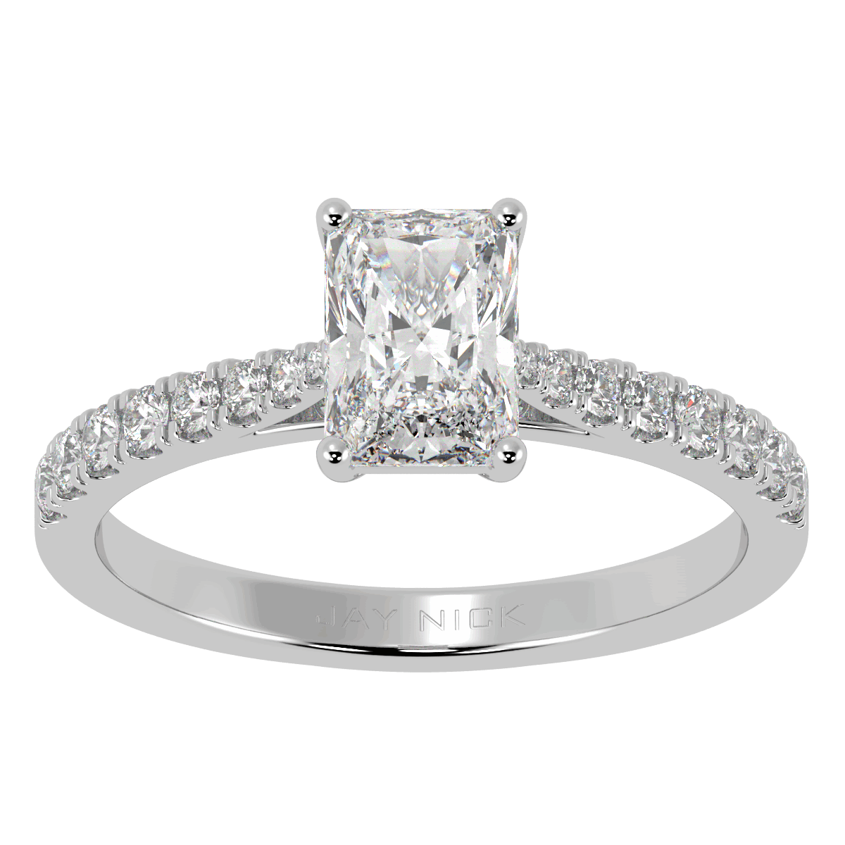 Classic Radiant Cut Diamond Shoulder Ring in white gold or platinum, top view