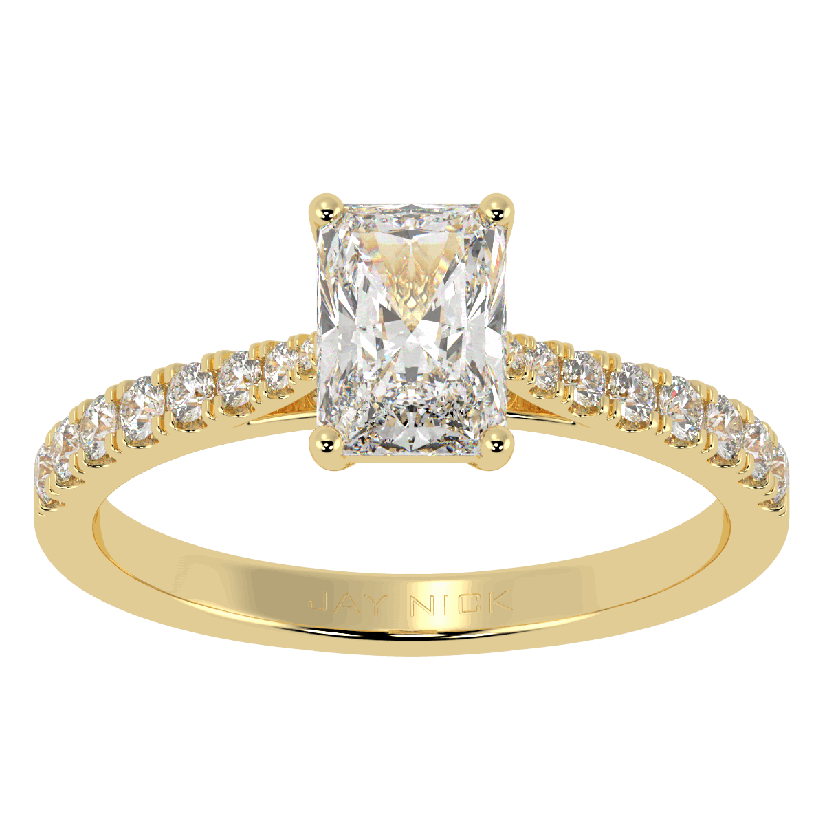 Classic Radiant Cut Diamond Shoulder Ring in yellow gold, top view