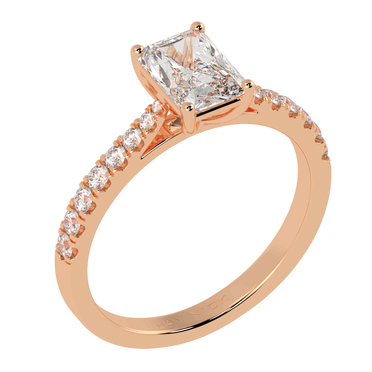 Classic Radiant Cut Diamond Shoulder Ring in rose gold, perspective view
