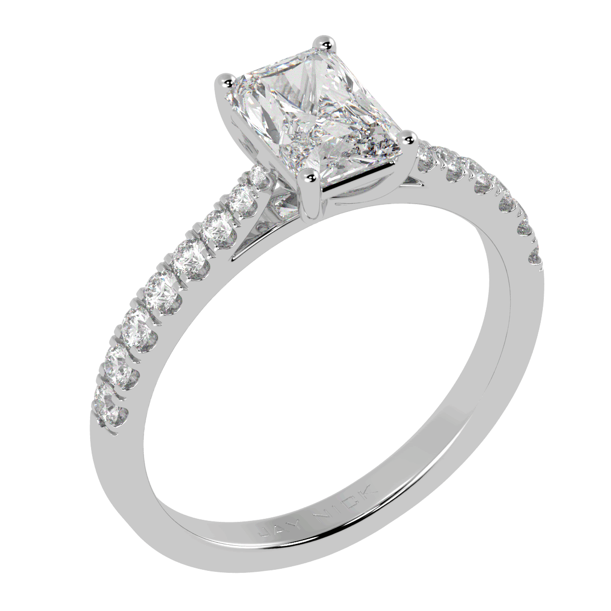Classic Radiant Cut Diamond Shoulder Ring in white gold or platinum, perspective view