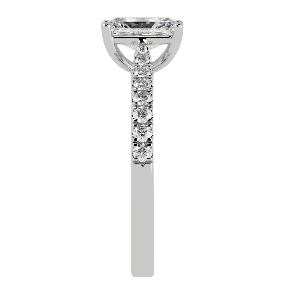 Classic Radiant Cut Diamond Shoulder Ring in white gold or platinum, side view