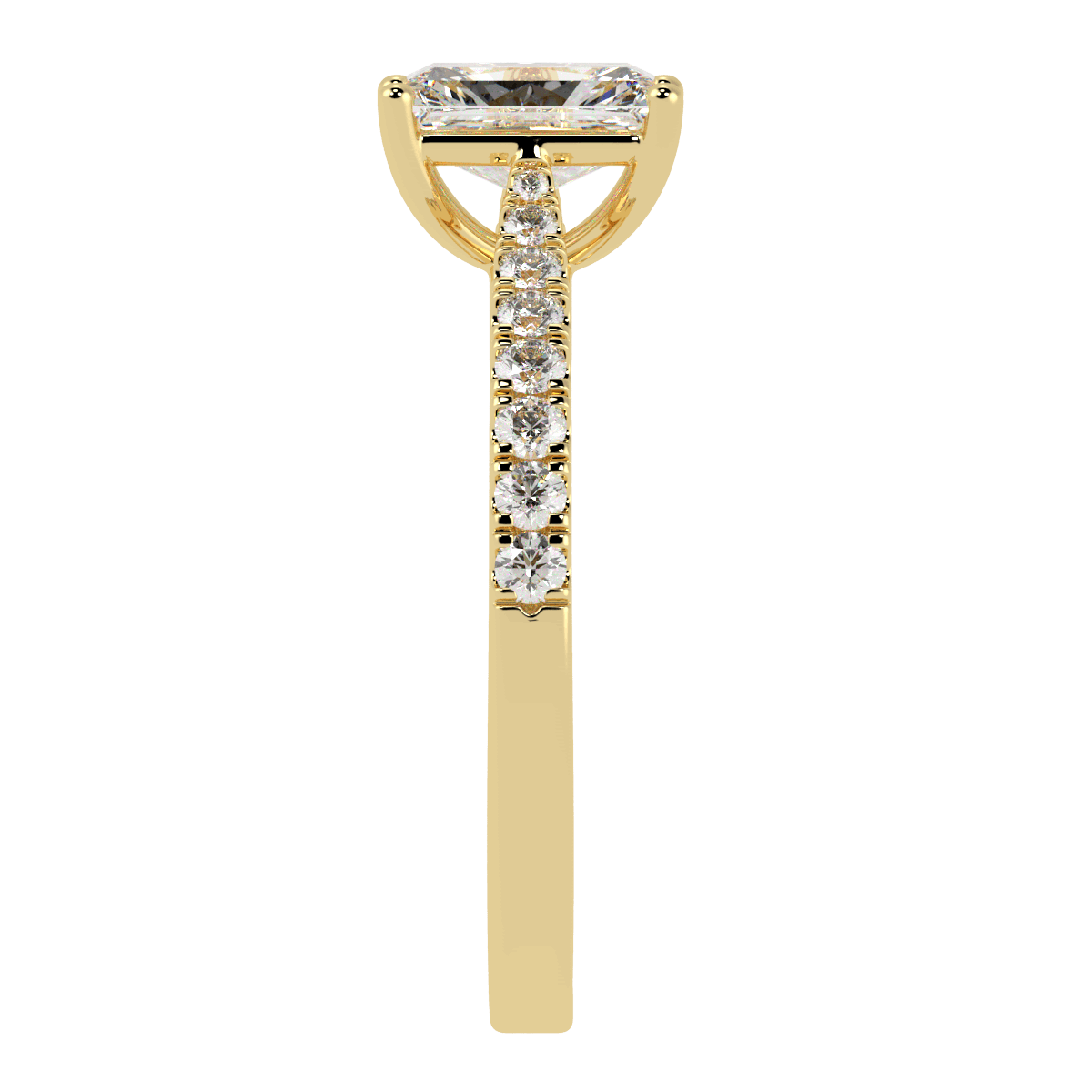 Classic Radiant Cut Diamond Shoulder Ring in yellow gold, side view