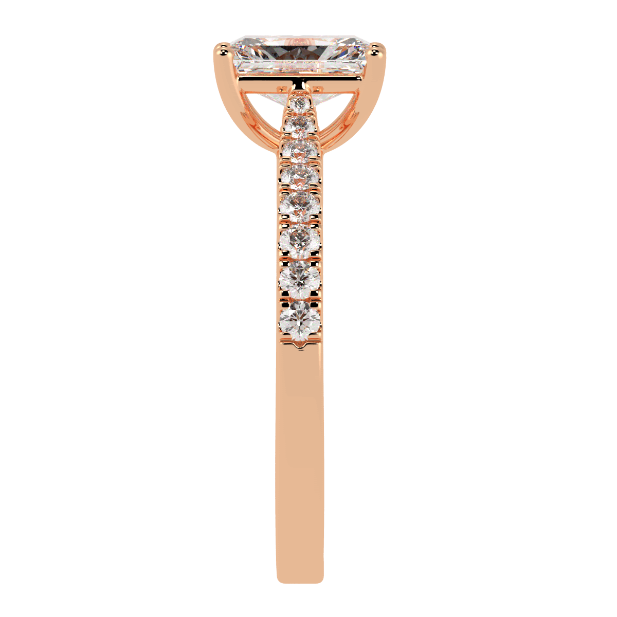 Classic Radiant Cut Diamond Shoulder Ring in rose gold, side view