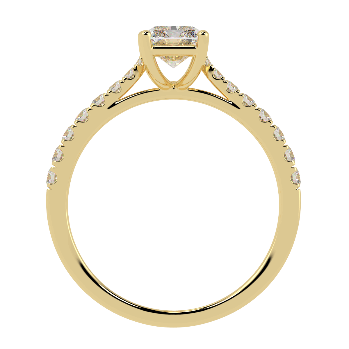 Classic Radiant Cut Diamond Shoulder Ring in yellow gold, flat view