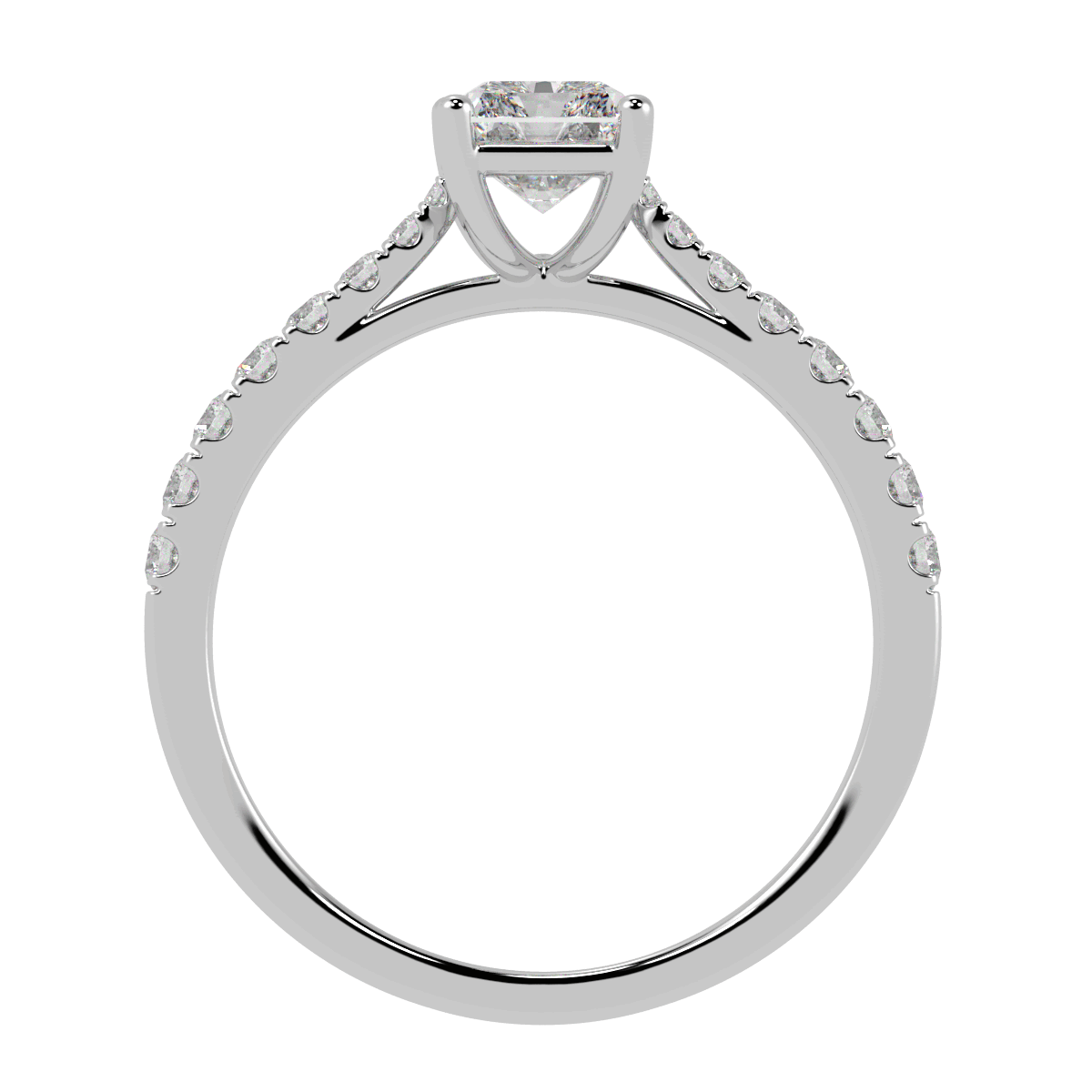 Classic Radiant Cut Diamond Shoulder Ring in white gold or platinum, flat view