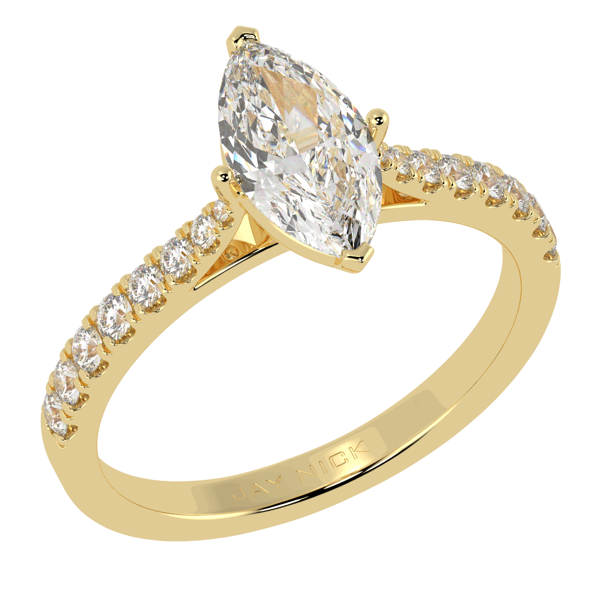 Classic Marquise Cut Diamond Shoulder Ring in yellow gold, perspective view