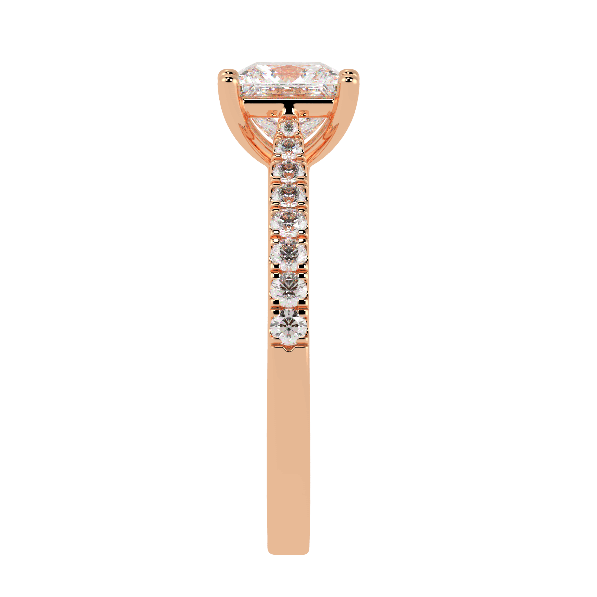 Classic Princess Cut Diamond Shoulder Ring in rose gold, side view