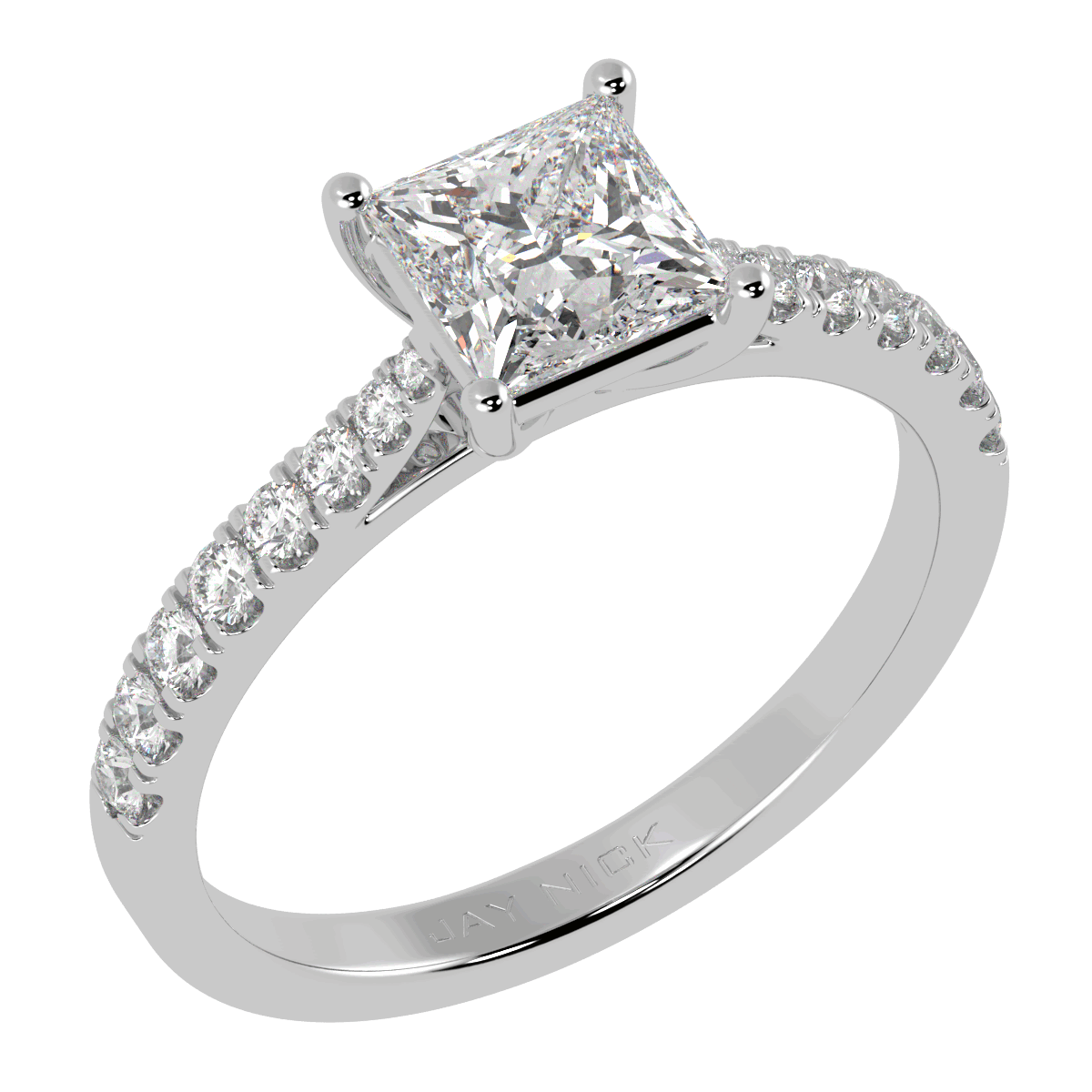 Classic Princess Cut Diamond Shoulder Ring in white gold or platinum, perspective view