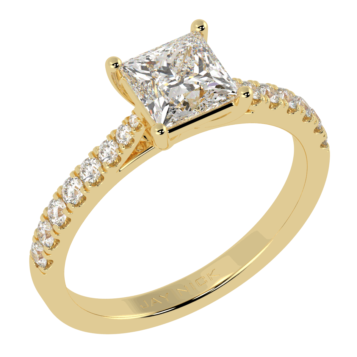 Classic Princess Cut Diamond Shoulder Ring in yellow gold, perspective view