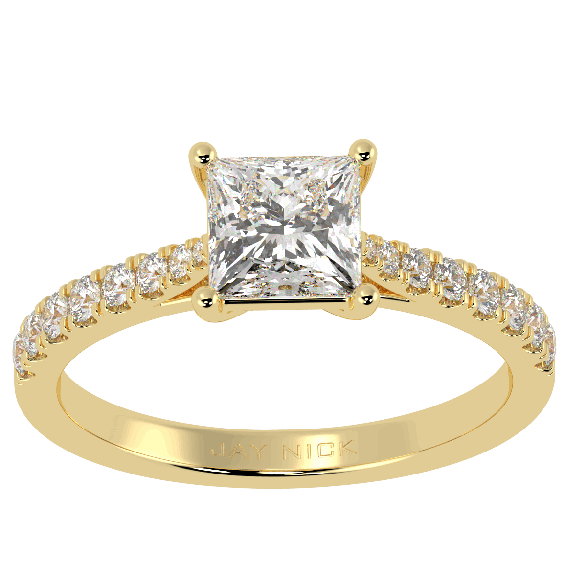 Classic Princess Cut Diamond Shoulder Ring in yellow gold, top view