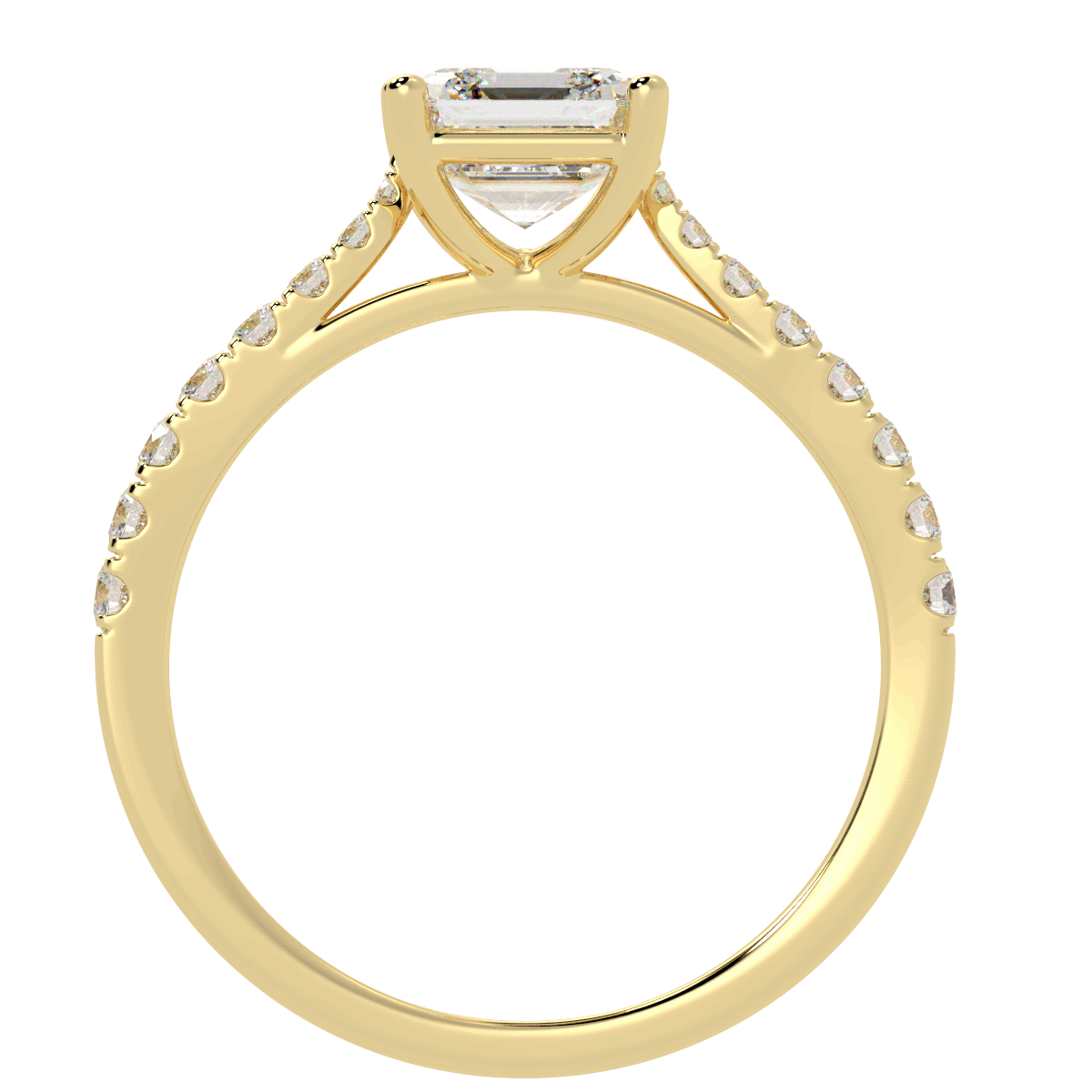 Classic Asscher Cut Diamond Shoulder Ring in yellow gold, flat view