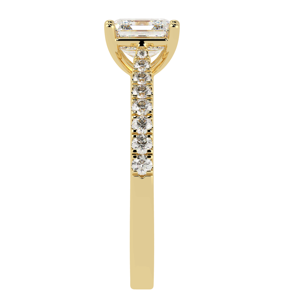 Classic Asscher Cut Diamond Shoulder Ring in yellow gold, side view