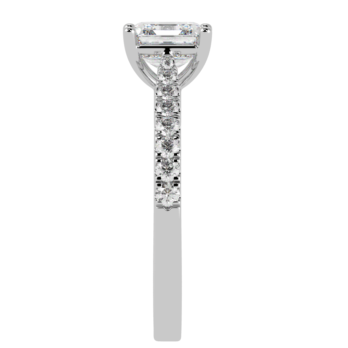Classic Asscher Cut Diamond Shoulder Ring in white gold or platinum, side view