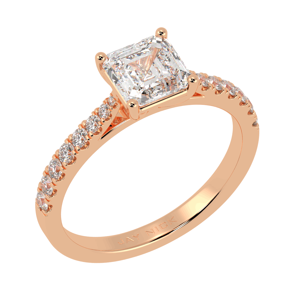 Classic Asscher Cut Diamond Shoulder Ring in rose gold, perspective view