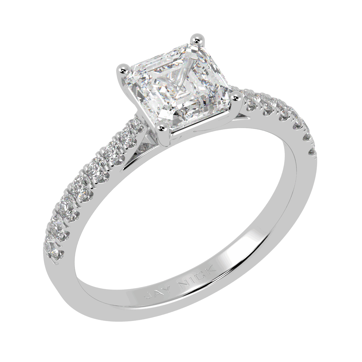 Classic Asscher Cut Diamond Shoulder Ring in white gold or platinum, perspective view