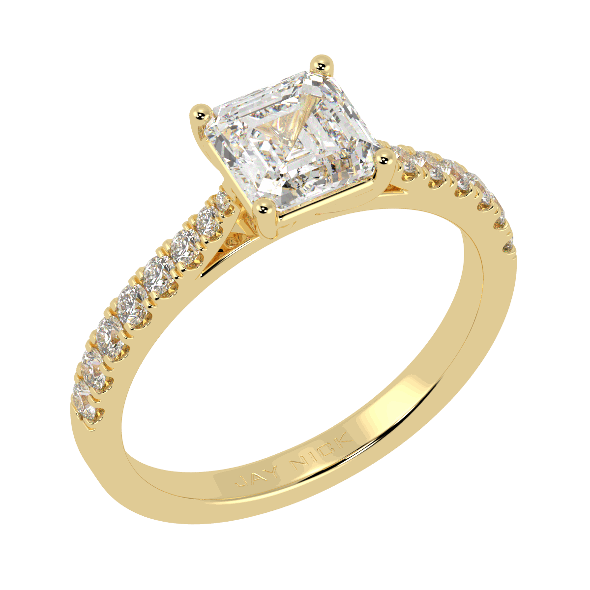 Classic Asscher Cut Diamond Shoulder Ring in yellow gold, perspective view