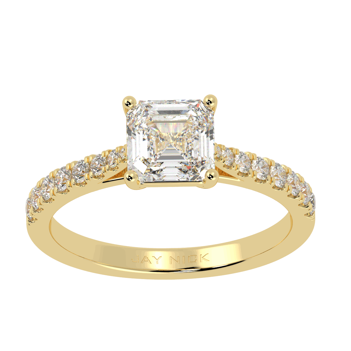 Classic Asscher Cut Diamond Shoulder Ring in yellow gold, top view