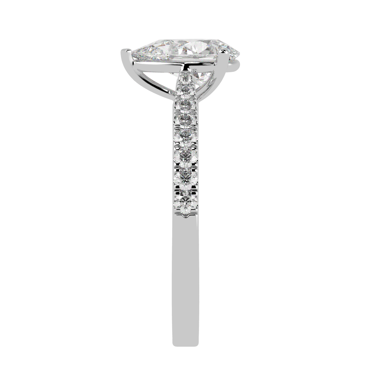 Classic Pear Cut Diamond Shoulder Ring in white gold or platinum, side view