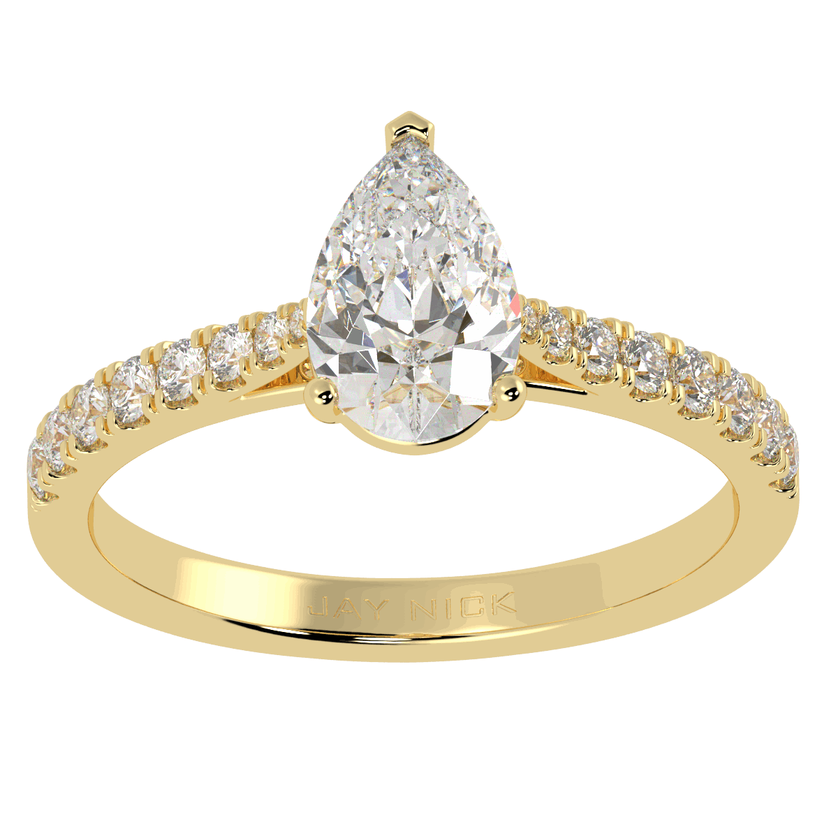 Classic Pear Cut Diamond Shoulder Ring in yellow gold, top view