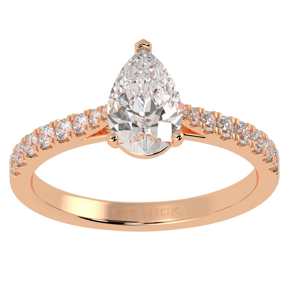 Classic Pear Cut Diamond Shoulder Ring in rose gold, top view
