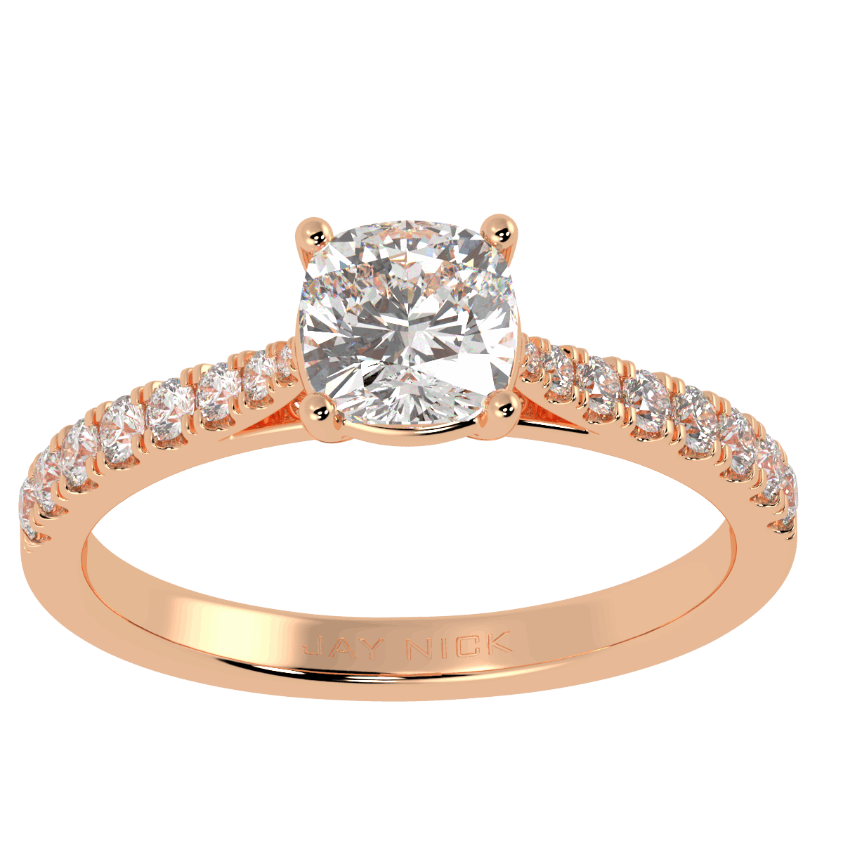 Classic Cushion Cut Diamond Shoulder Ring in rose gold, top view