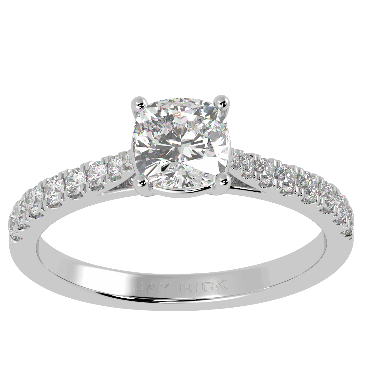 Classic Cushion Cut Diamond Shoulder Ring in white gold or platinum, top view