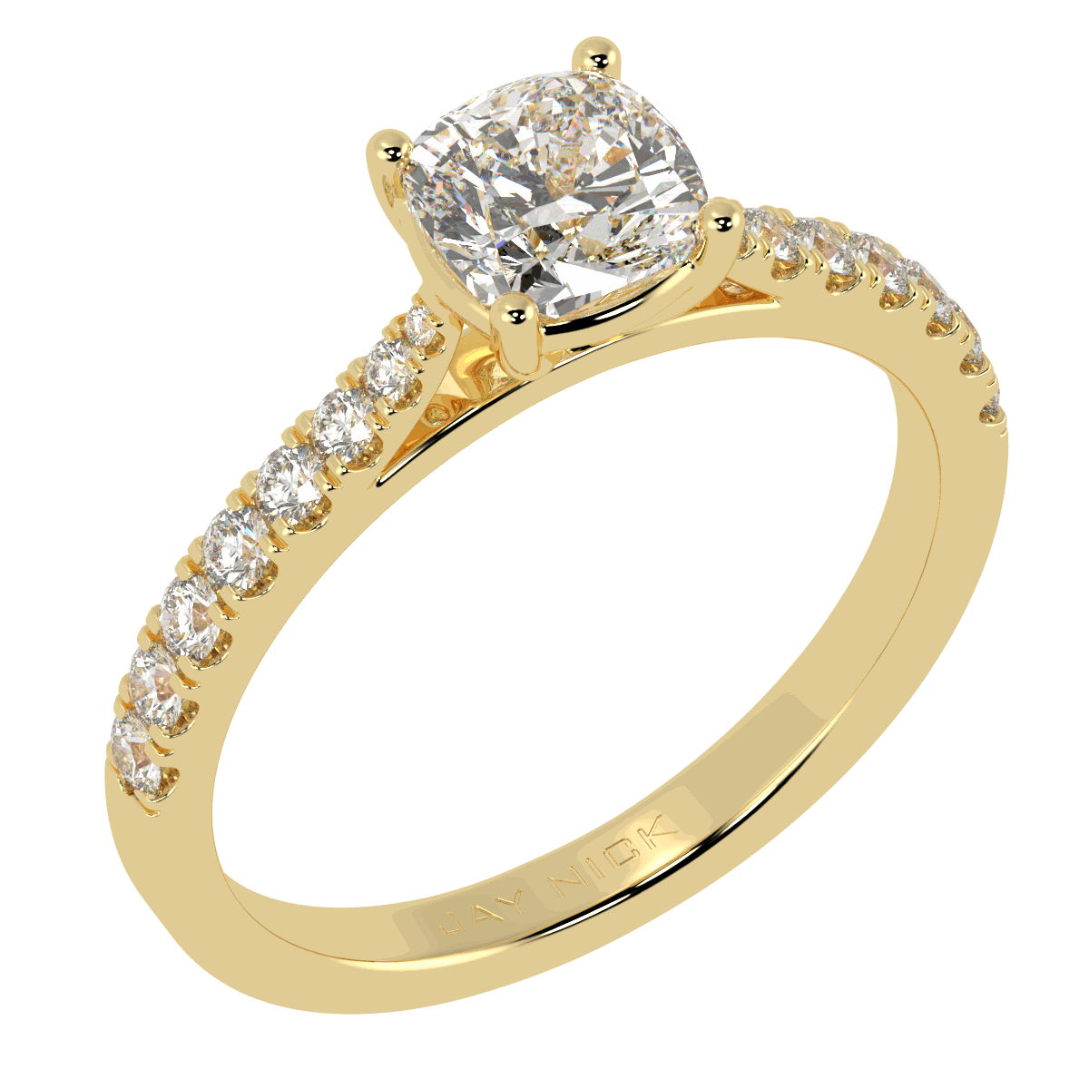 Classic Cushion Cut Diamond Shoulder Ring in yellow gold, perspective view