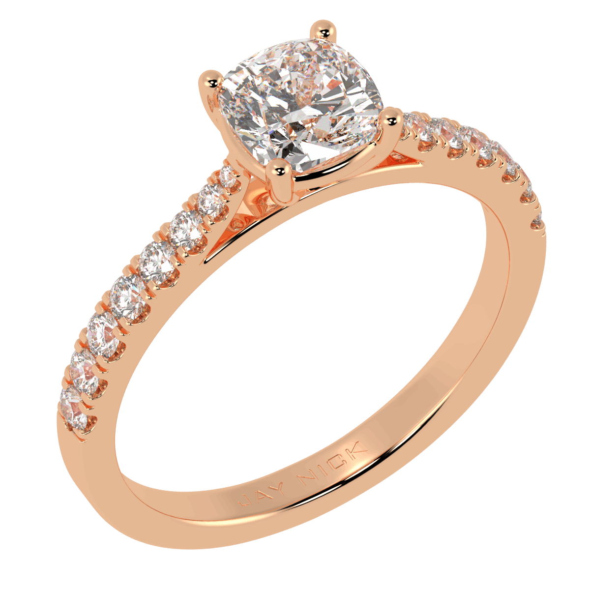 Classic Cushion Cut Diamond Shoulder Ring in rose gold, perspective view