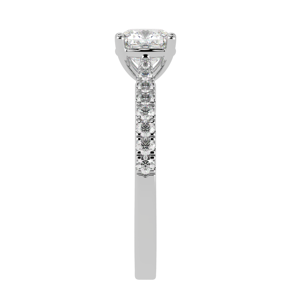 Classic Cushion Cut Diamond Shoulder Ring in white gold or platinum, side view