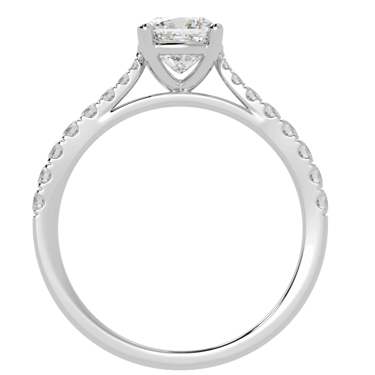 Classic Cushion Cut Diamond Shoulder Ring in white gold or platinum, flat view