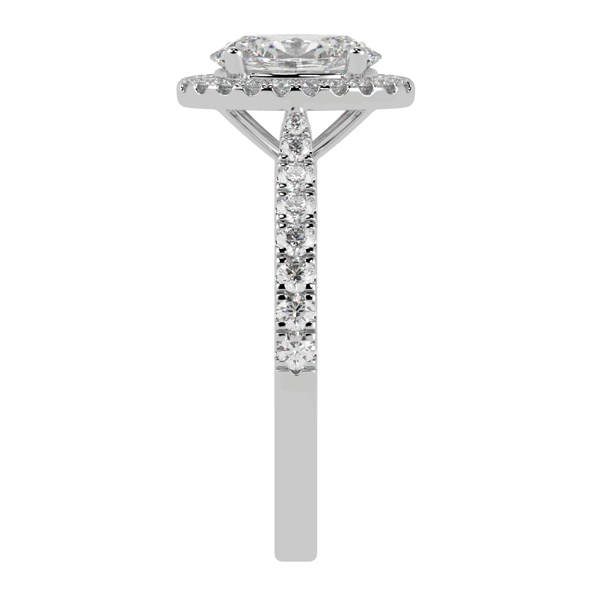 Classic Oval Cut Halo Ring in white gold or platinum, side view